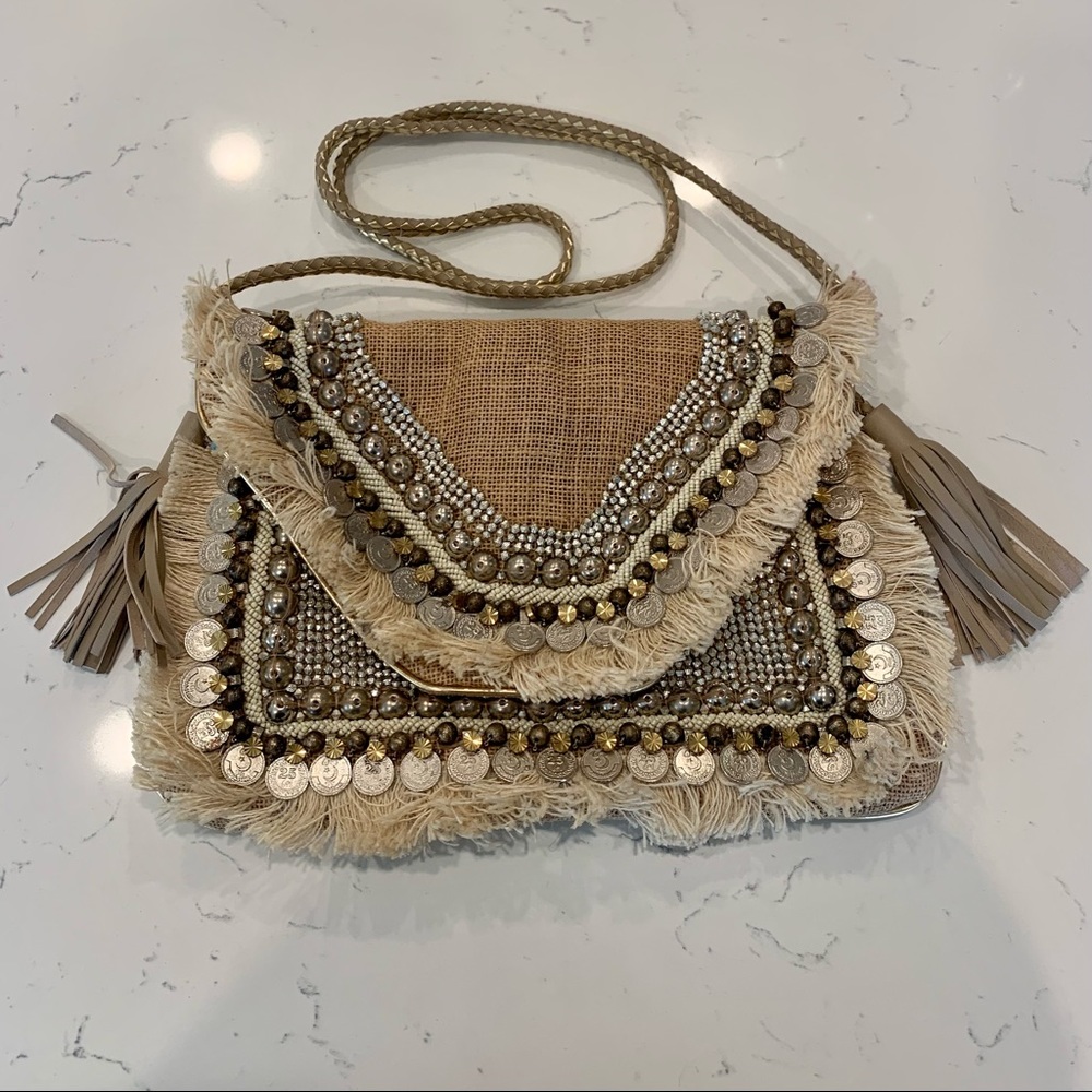 SHASHI Beige and Gold Embellished Bag